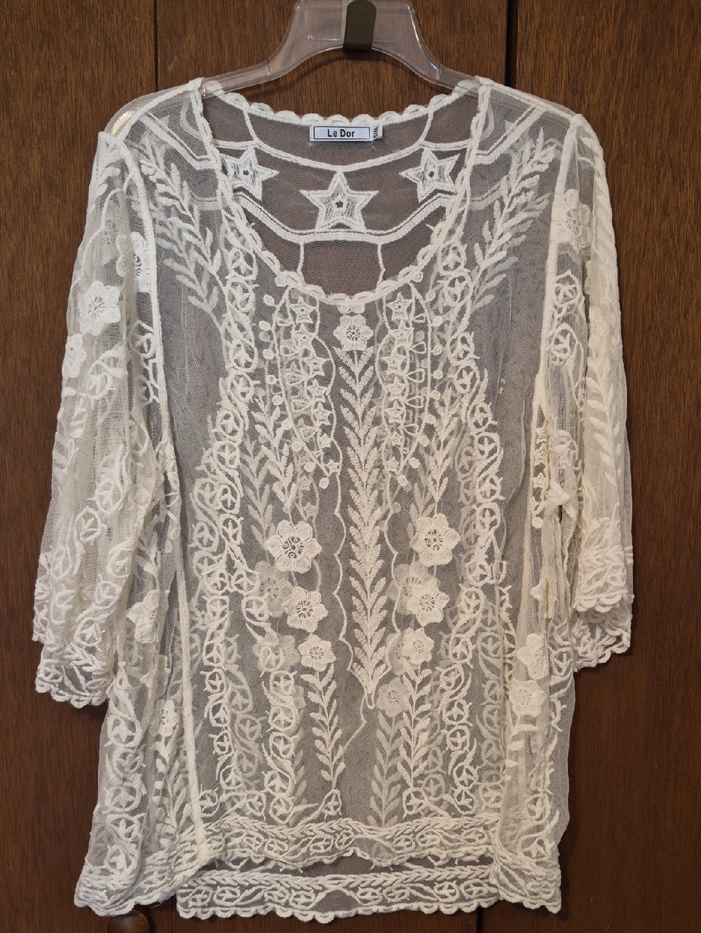 NWOT Le Dor Womens Sheer Ivory Embroidered Lace Top Sz S/M